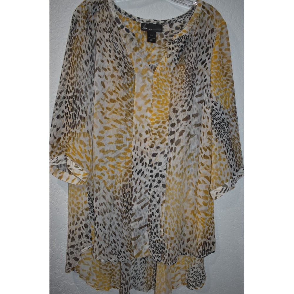 Lane Bryant 18/20 Top Semi Sheer Pleat Back Brown Natural Animal print V-neck 2X